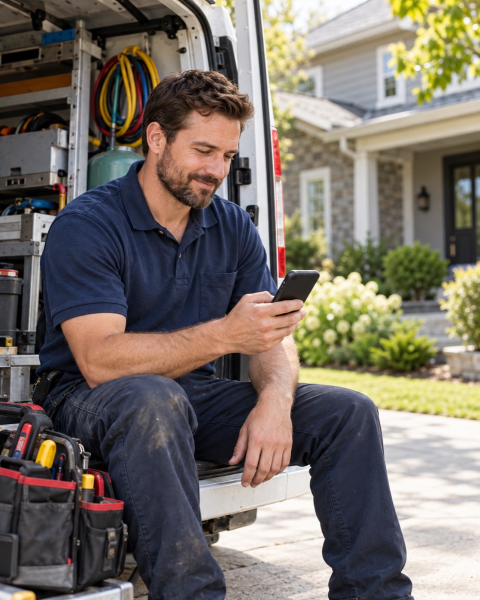 Contractor checking his phone beside a service van